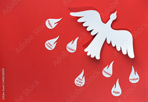 Billede på lærred seven gifts from holy spirit in the form of a white dove, the flames of the gift
