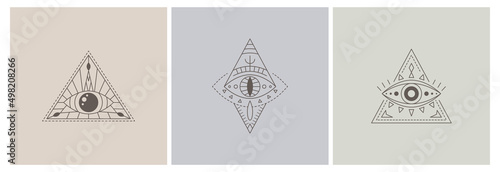 Vector collecton line art mystic eyes tattoo. Social media template providence sight. Evil eye amulet. Esoteric sign