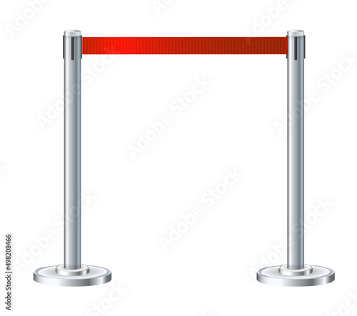 Retractable belt rack. Portable tape barrier. Red tape for fencing. Red carpet with red ropes on silver supports. Exclusive event, movie premiere, gala concert, awards ceremony.