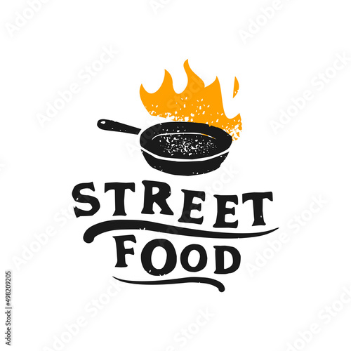 Street Food pan flame typography for Restaurant Cafe Bar logo design vector