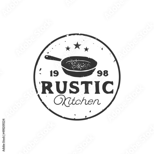 Vintage Retro Rustic Old Skillet Cast Iron for traditional food dish cuisine classic restaurant kitchen logo designPrint