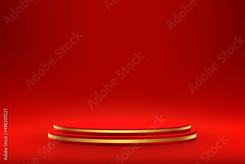 Red podium with golden border for presentations on abstract red background
