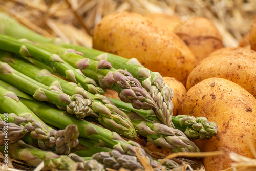 Green asparagus and potatoes on straw