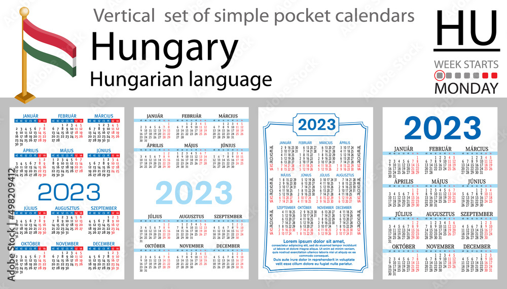 Hungarian vertical pocket calendar for 2023. Week starts Monday Stock