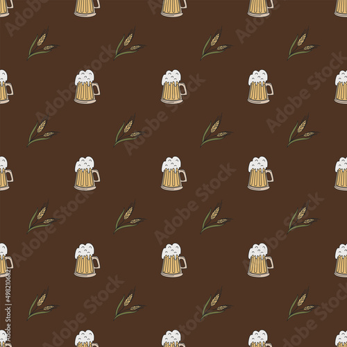 Seamless pattern with beer mugs and spikelets. Color hand-drawn flat vector illustration.
