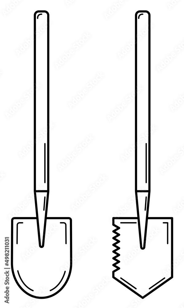 Hand drawn set of two shovels. Tool used in gardening and hiking. Doodle style. Vector. Hand drawn set of two shovels. Tool used in gardening and hiking. Doodle style. Vector.