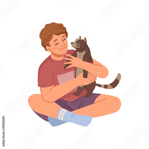 Small boy taking care of kitten, isolated kid holding cat on hands cuddling and hugging. Vector flat cartoon character with feline animal purring and meowing. True friendship and love