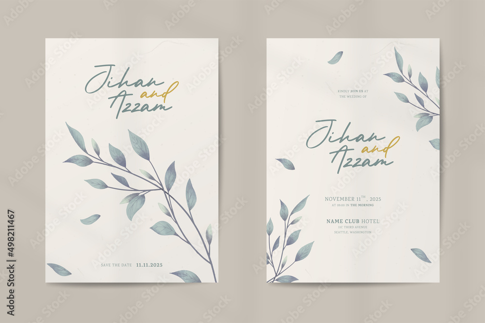 Double side wedding invitation template with leaves watercolor ornaments