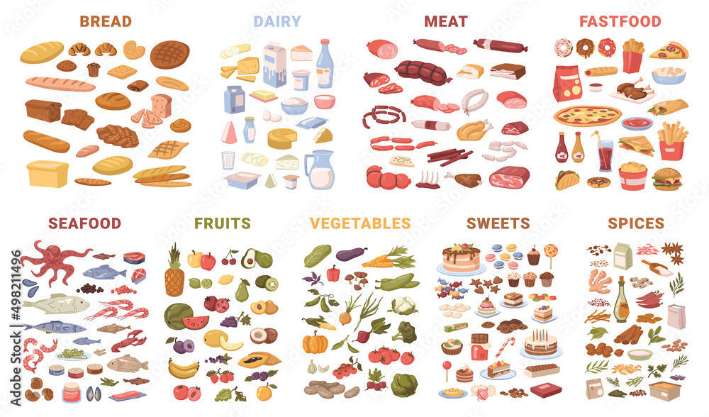 Fototapeta Set of food, isolated butchery and grocery products. Vector in flat style, bread pastry and dairy, meat and fast-food, seafood and fruits, vegetables and sweets spices, fastfood and takeaway snacks
