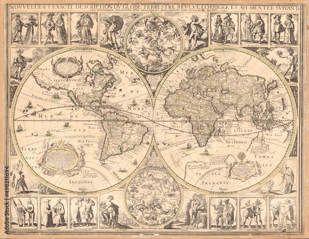 Antique World Map in Hemispheres 1645. Raster vintage illustration.