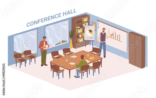 Office interior design and plan area. Vector conference hall with table for meetings and rallies. Whiteboard with presentation, modern equipment and technologies for successful business