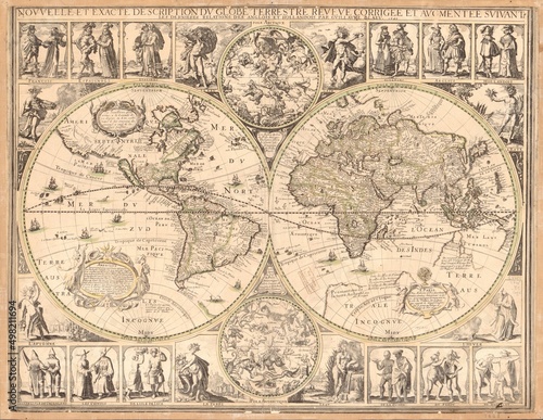 Antique World Map in Hemispheres 1645. Raster vintage illustration.