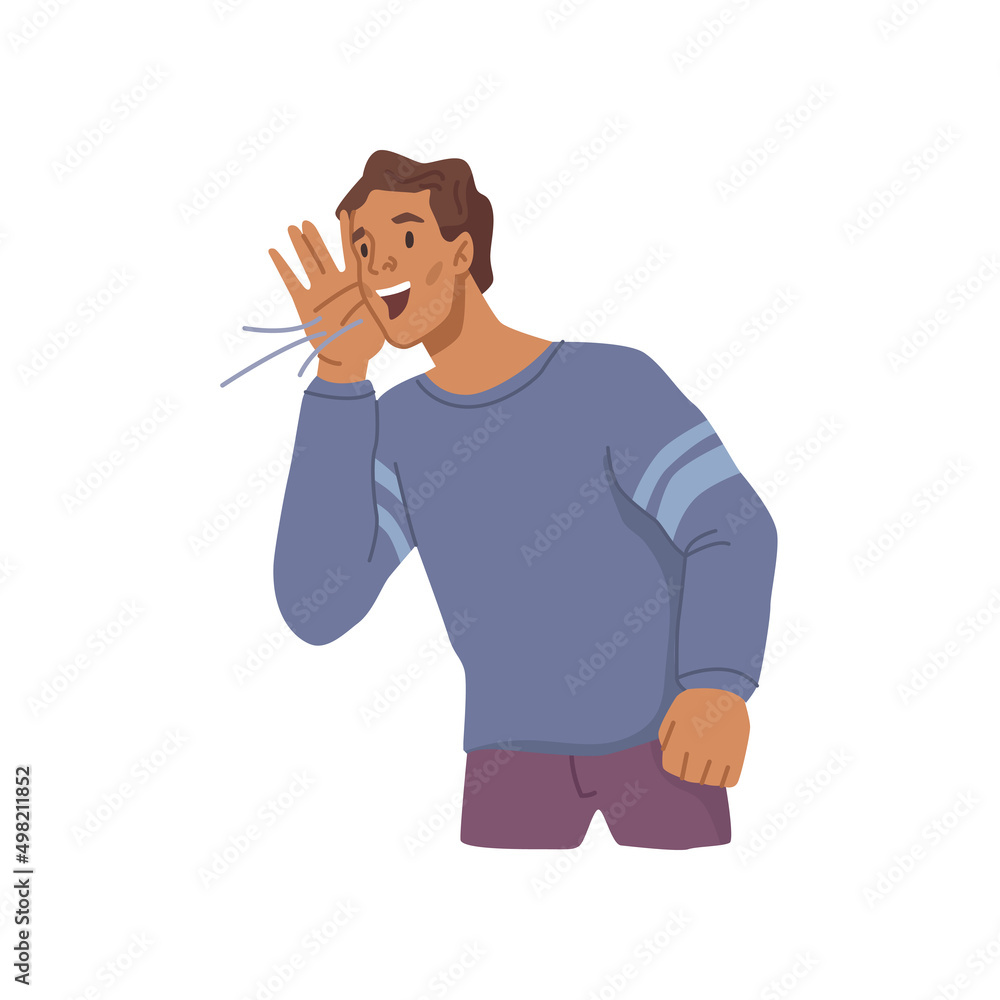 Male personage announcing special exclusive offer for clients and customers. Vector flat cartoon character shouting catching attention. Marketing and promotion trick for selling more