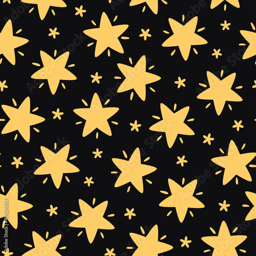 Vector seamless pattern with hand-drawn stars on black background. Night sky art texture. Modern illustration print. Simple doodle for any surface design.