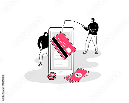 Illustration of credit card fraud symbol with a smartphone and two hackers. Easy to use for your website or presentation.