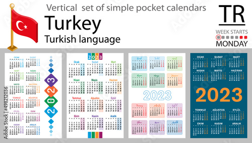 Turkish vertical pocket calendar for 2023. Week starts Monday