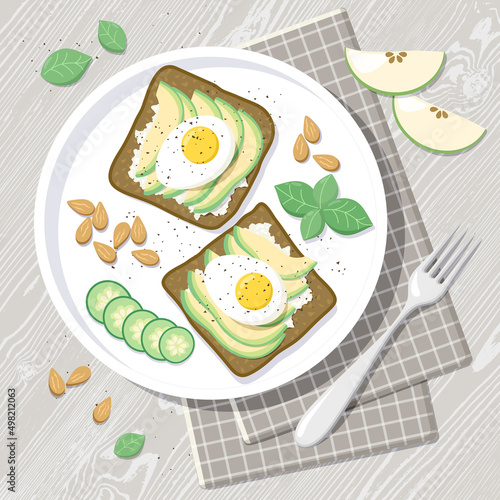 Flat lay vector illustration with healthy breakfast for keto diet. Sandwiches with avocado and boiled eggs on wooden table. Healthy lifestyle concept.