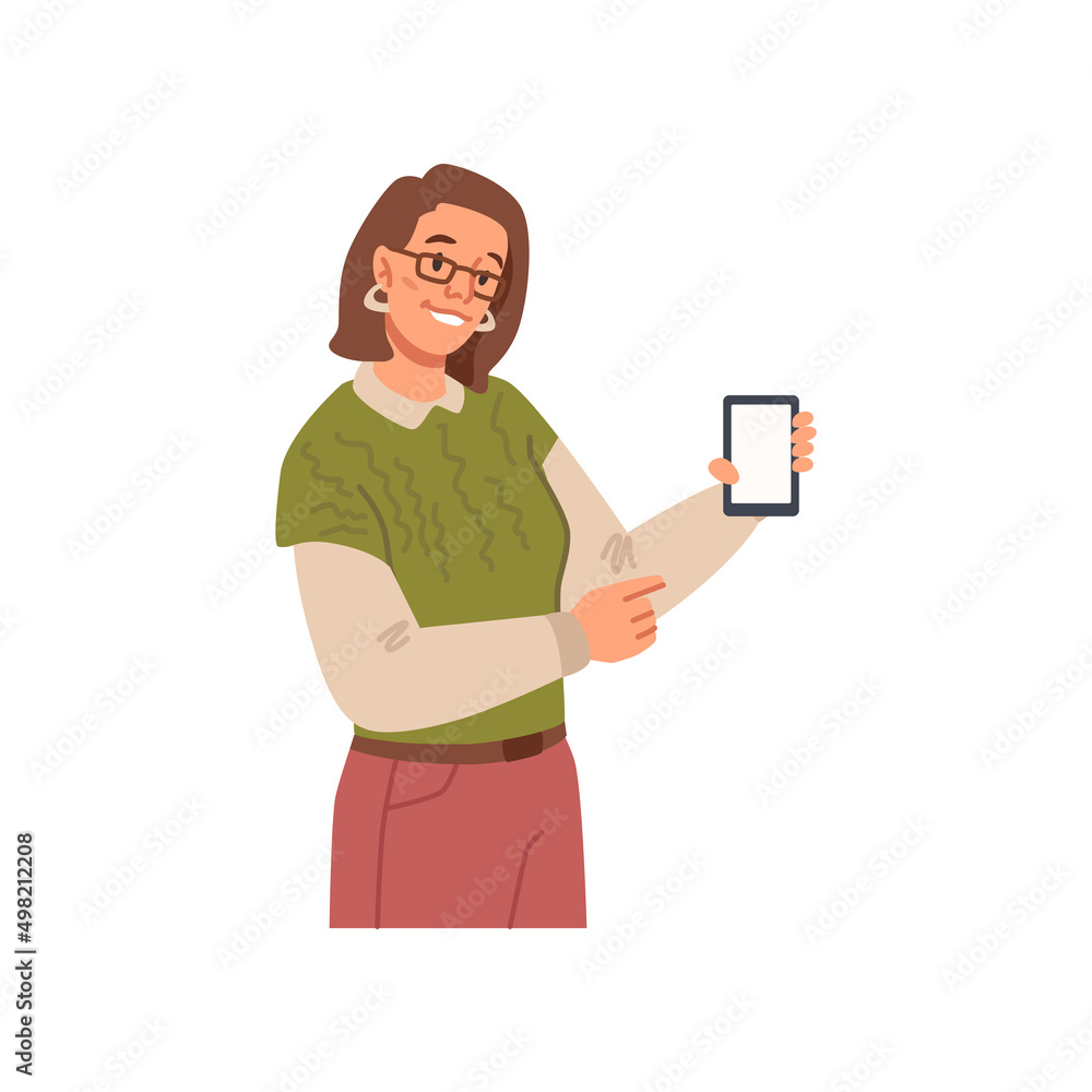Female personage on presentation showing new product, application on smartphone. Vector flat cartoon character, product manager presenting features or improved gadgets, director or boss