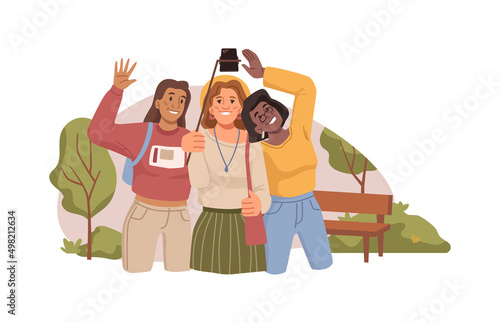 Teenage girls taking selfie on smartphone, smiling and posing for photos. Vector flat cartoon characters capturing moments of life, shooting video for memories and nostalgia in future