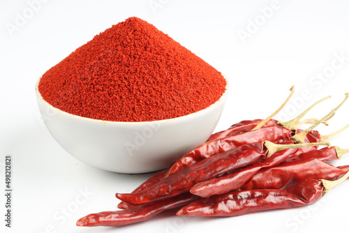 Indian spice Red chilli powder in white ceramic bowl