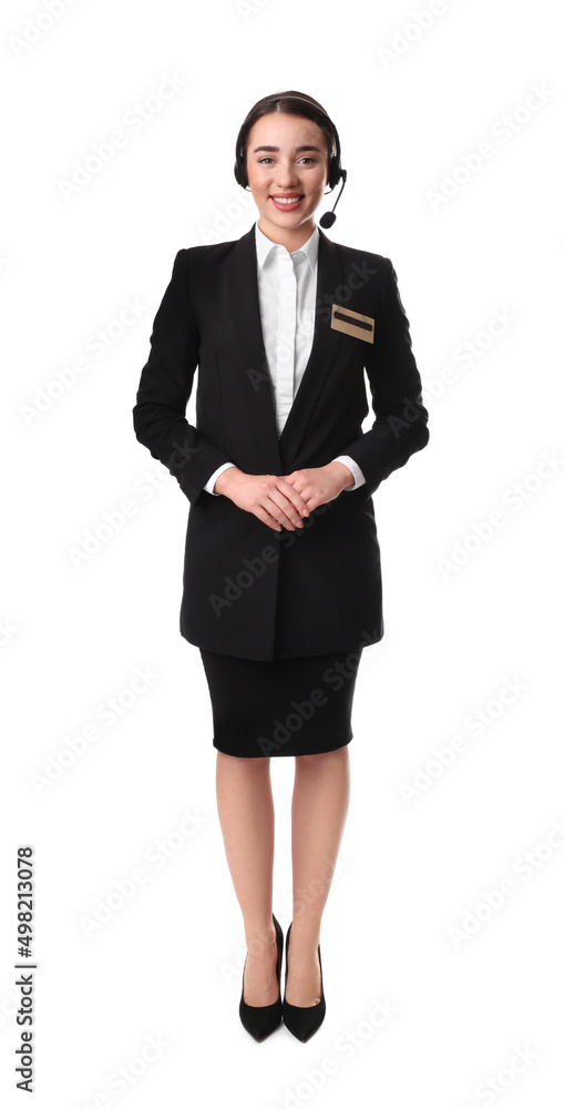 Full length portrait of receptionist with headset on white background Full length portrait of receptionist with headset on white background