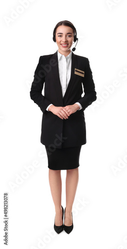 Full length portrait of receptionist with headset on white background