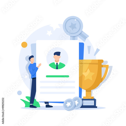 Happy businessman receiving reward and standing near winner cup,Concept of money bonus, reward program, cash back