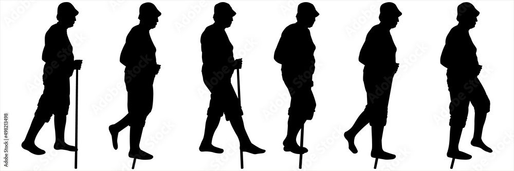 A group of tourists with walking sticks in their hands are walking. Tourists go in one line, one after another. Tourist in shorts, cap. Hiking tourist. Black female silhouettes are isolated on white. A group of tourists with walking sticks in their hands are walking. Tourists go in one line, one after another. Tourist in shorts, cap. Hiking tourist. Black female silhouettes are isolated on white.
