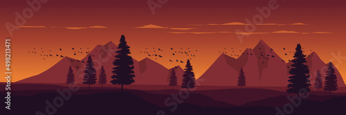 morning sunrise mountain landscape flat design vector illustration good for wallpaper, game art, tourism design, background template, backdrop design, and design template