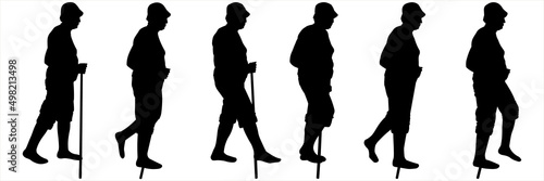A group of tourists with walking sticks in their hands are walking. Tourists go in one line, one after another. Tourist in shorts, cap. Hiking tourist. Black female silhouettes are isolated on white.