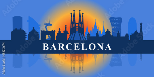 Famous city skyline of Barcelona. Flat well-known silhouettes. Vector illustration.