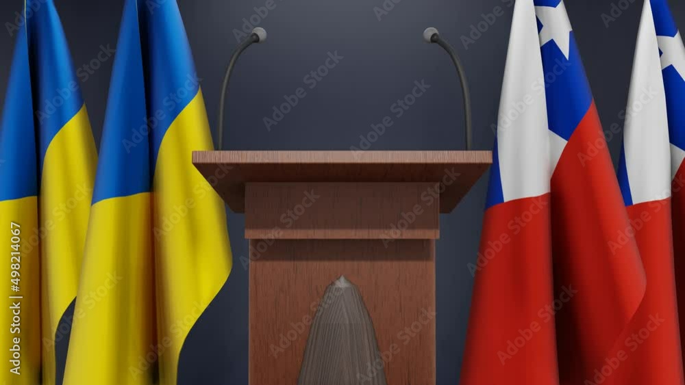 Flags of Ukraine and Chile at international meeting or negotiations press conference. Podium speaker tribune with flags and coat arms. 3d rendering Flags of Ukraine and Chile at international meeting or negotiations press conference. Podium speaker tribune with flags and coat arms. 3d rendering