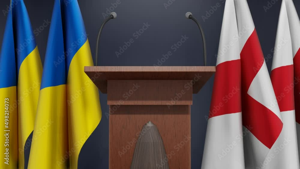Flags of Ukraine and England at international meeting or negotiations press conference. Podium speaker tribune with flags and coat arms. 3d rendering Flags of Ukraine and England at international meeting or negotiations press conference. Podium speaker tribune with flags and coat arms. 3d rendering