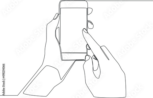 Continuous one line drawing a man holding device and touching screen. Single line draw design vector graphic illustration.