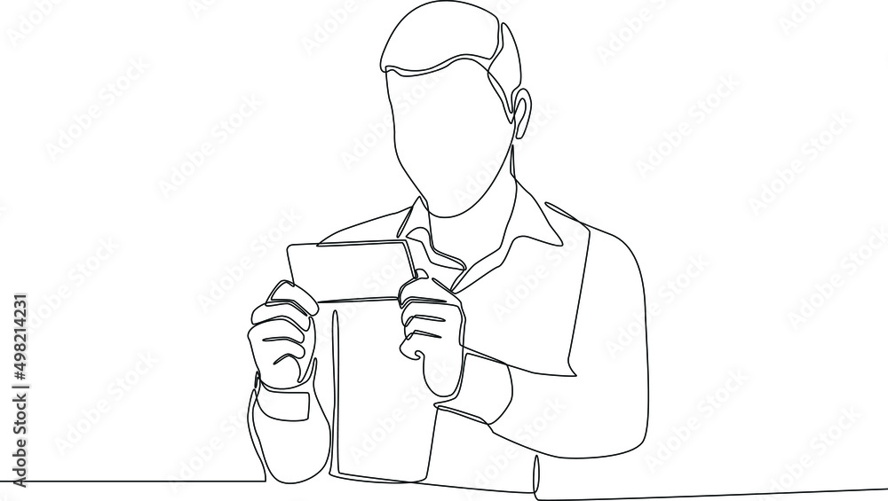 Continuous one line drawing Man hand holding the smartphone with ...