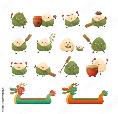 Festivals in China: Dumplings for Dragon Boat Festival Cartoon Character Mascot and Dragon Boat Cartoon Vector Set, Cute and Playful Actions and Expressions
