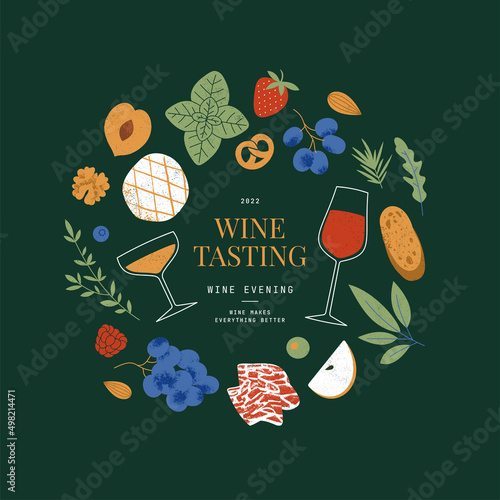 Wine tasting design template. Charcuterie board design template. Assortment of appetizers. Food banner. 