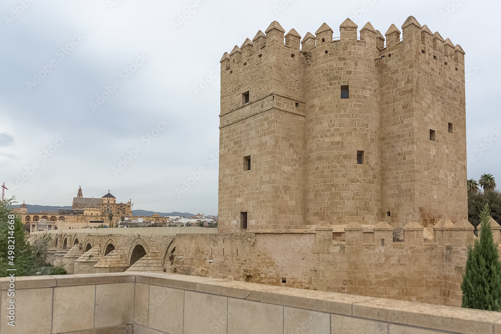 View at the Calahorra tower, Torre de la Calahorra, Islamic origin, a fortified gate, Roman Bridge and Guadalquivir river, on historic downtown center of Córdoba, Spain