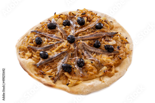 cooked pissaladière isolated on a white background photo