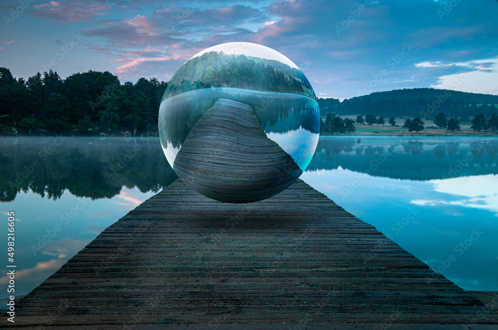 surreal sphere floating in the middle of a beautiful landscape ...