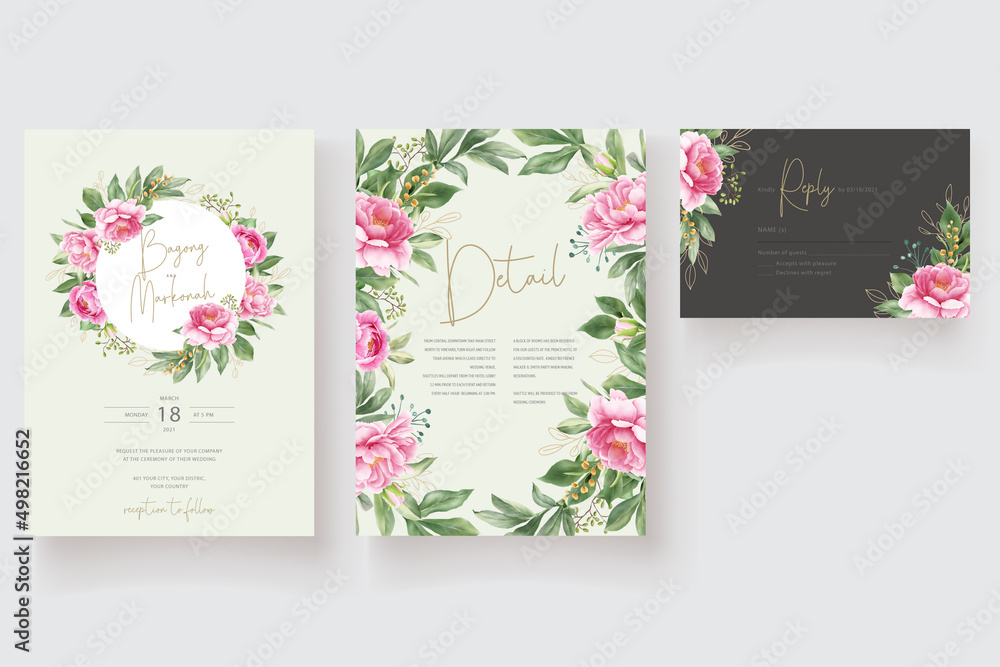 watercolor peonies with beautiful pink invitation card template