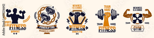 Canvastavla Gym fitness sport emblems and logos vector set isolated with barbells dumbbells kettlebells and muscle body man silhouettes and hands, athletics workout sport club, active lifestyle