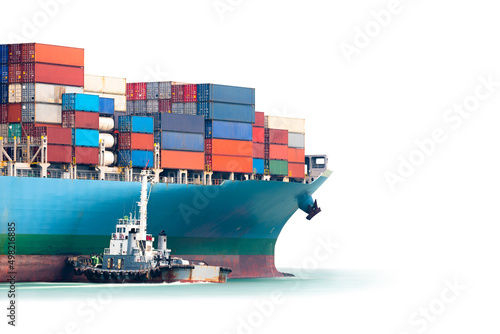 Container Cargo Ship and Tug boat isolated on white background, Freight Transportation and Logistic Concept, Shipping