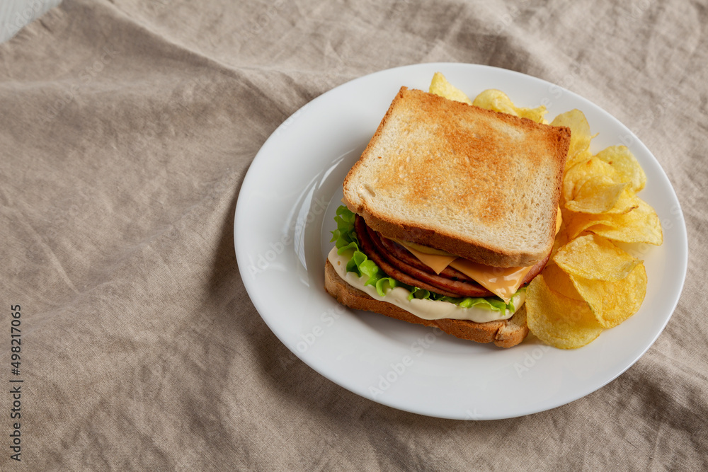 Homemade Fried Bologna and Cheese Sandwich with Chips on a Plate, side view. Copy space.