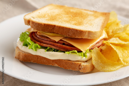 Homemade Fried Bologna and Cheese Sandwich with Chips on a Plate, side view.