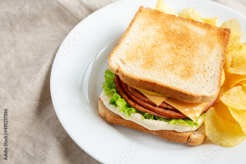 Homemade Fried Bologna and Cheese Sandwich with Chips on a Plate, side view. Space for text.