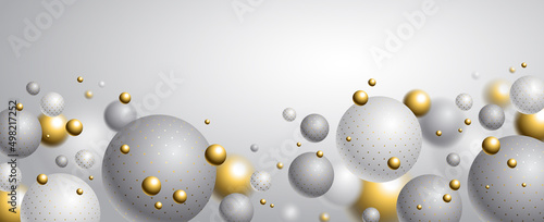 Abstract spheres vector background with blank copy space, composition of flying balls decorated with dots, 3D mixed realistic globes, realistic depth of field effect.