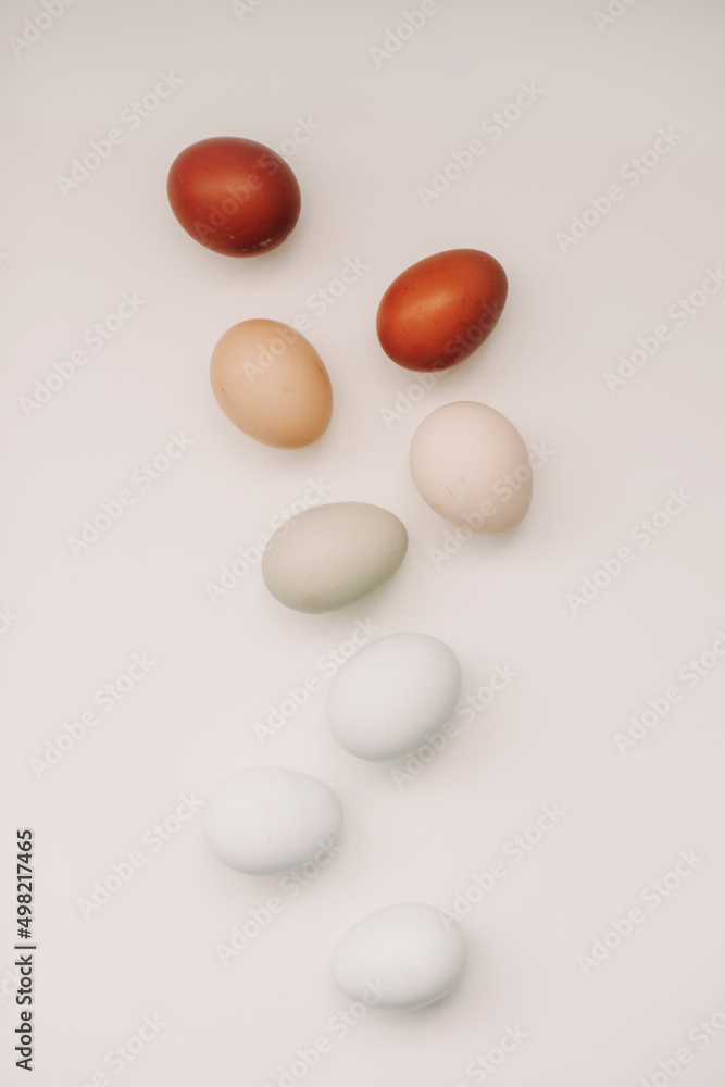 Happy Easter concept. Fresh chicken eggs of natural shades and colors on a white background Happy Easter concept. Fresh chicken eggs of natural shades and colors on a white background