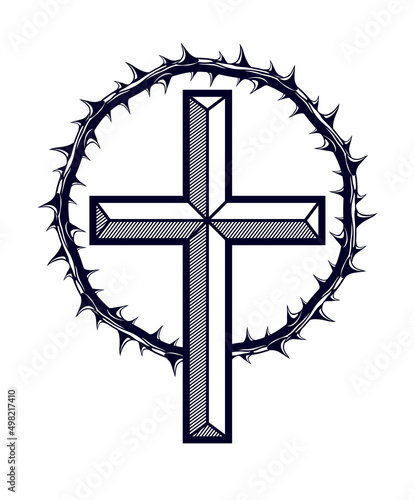 Christian cross with blackthorn thorn vector religion logo or tattoo, passion of the Christ.