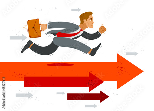 Business man run and hurry on arrows symbolizes career competition motivation vector illustration, funny comic cute cartoon businessman worker or employee in a rush to success.
